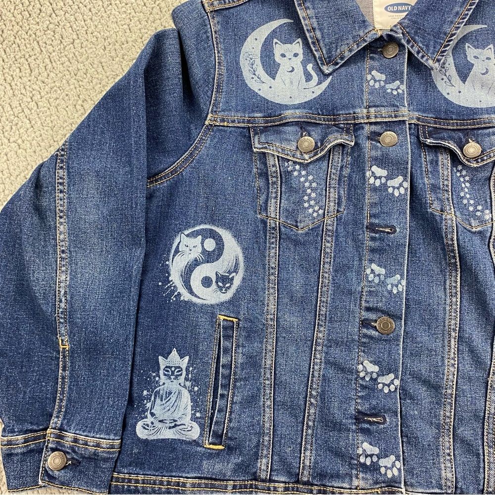 Old Navy Custom Upcycled Denim Jacket Yin-Yang Cats Boho Women's | Size: L - Picture 3 of 13